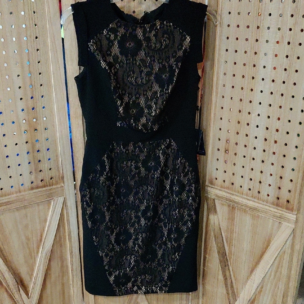Adrianna Papell Black Lace Overlay Cocktail Midi Dress Size 4 NWT